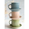 Ručně vyráběné keramické šálky s podšálky RETRO v modré, růžové a zelené barvě od LiM Art.