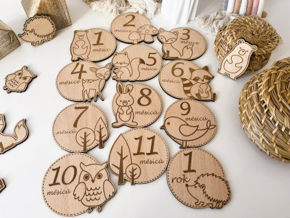 Dřevěné milníkové kartičky - zvířátka