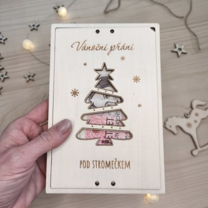 drevene vanocni prani na penize stromek v ruce