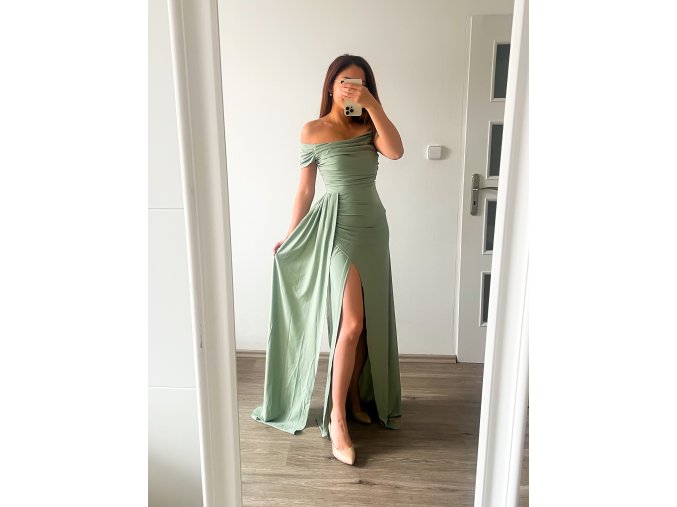 Luxusní dlouhé šaty off shoulder, spadlá ramena - Sage Green