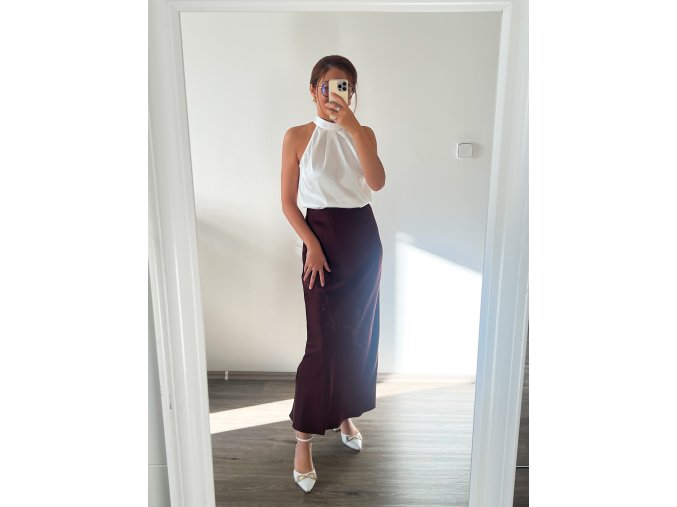 Saténová midi sukně - Coffee Brown