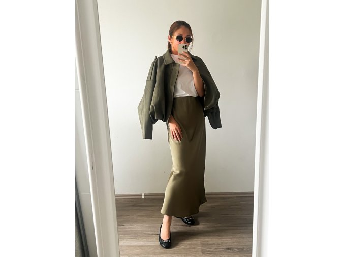 Saténová midi sukně - Army Green