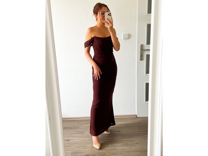 Hnědé off shoulder elegantní šaty - Vivi