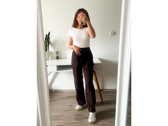 Elegantní kalhoty s vysokým pasem - Clare (hnědá)