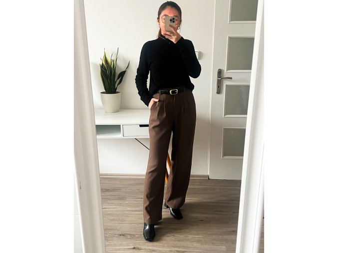 Elegantní kalhoty s vysokým pasem - Karin (hnědá)