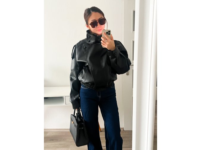 Koženková oversized bunda s vysokým stojáčkem - Black