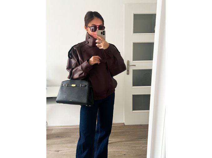 Koženková oversized bunda s vysokým stojáčkem - Burgundy