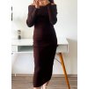Pletené off-shoulder midi šaty - Brown