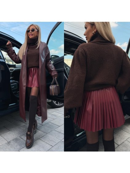 Skládaná sukně imitace kůže Bordo