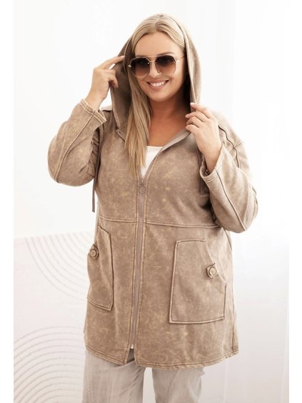 Dámská mikina Plus Size s kapucí a kapsami Camel