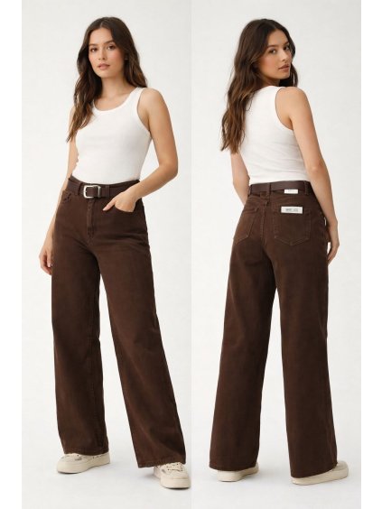 Dámské široké džíny s vysokým pasem – hnědé