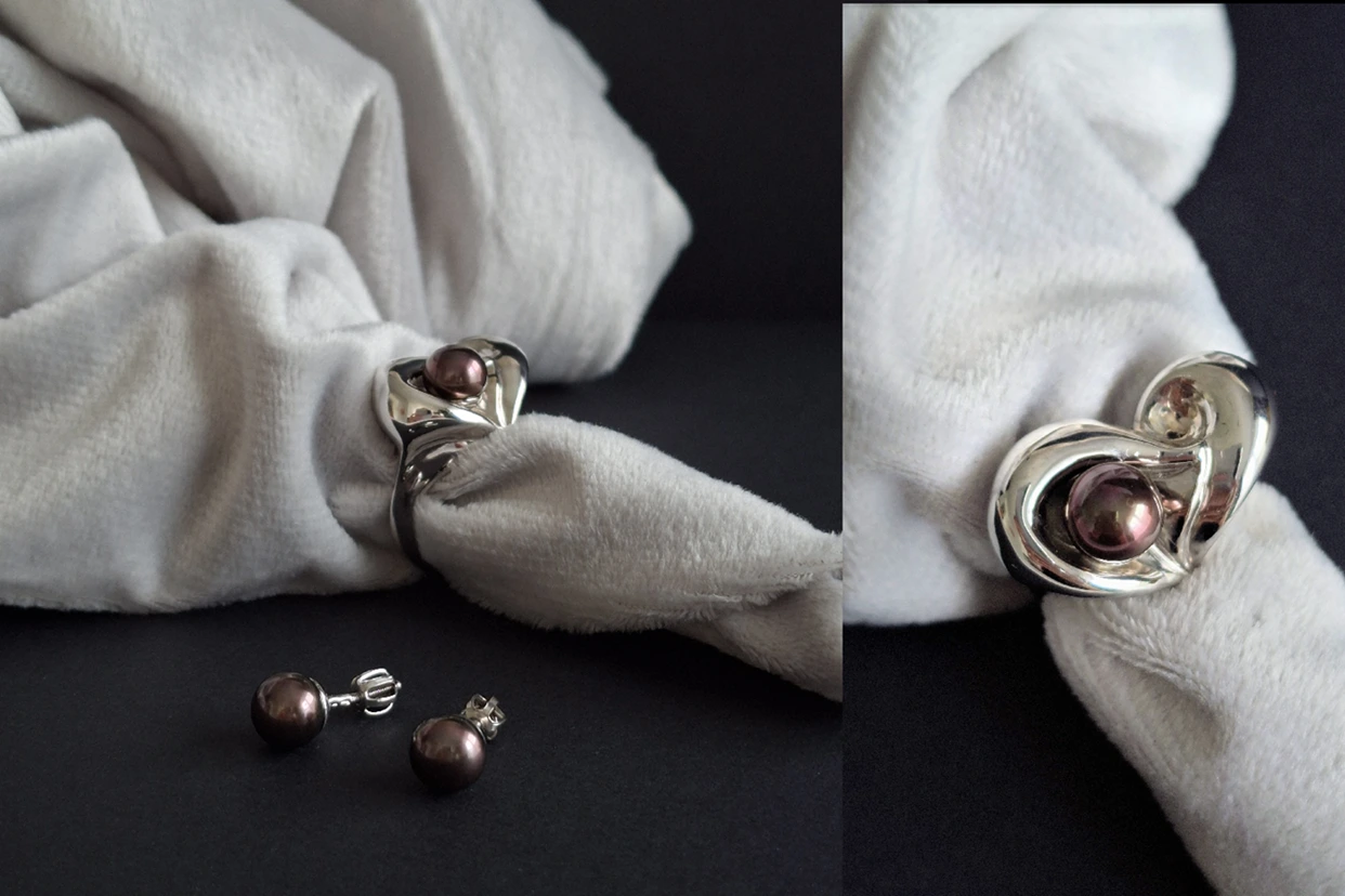 Autorský stříbrný prsten s perlou – ruční výroba