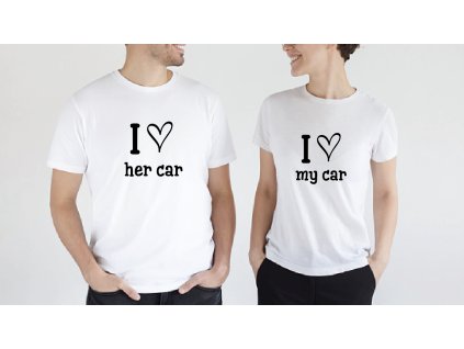 Tričká pre pár I love her car (Farba Čierna, Veľkosť dámska XXL, Veľkosť pánska XXXL)