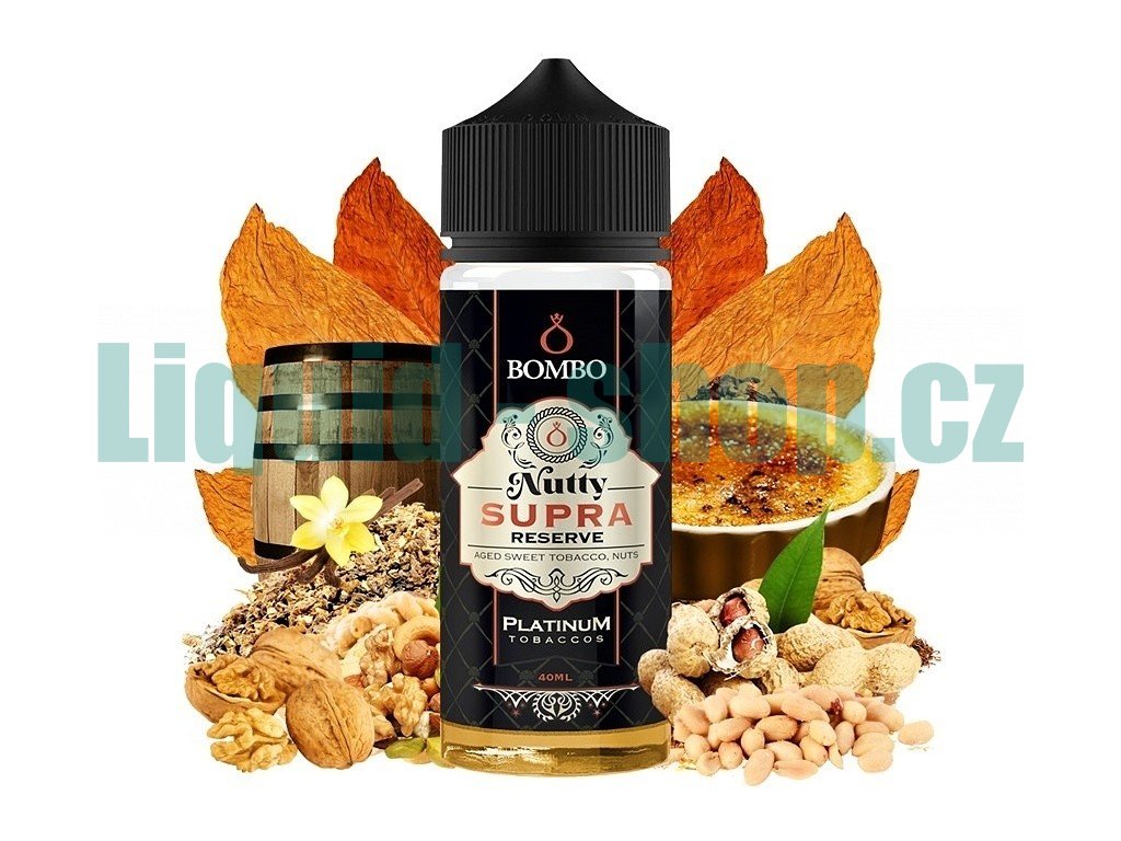 Bombo - Platinum Tobaccos - S&V - Nutty Supra Reserve (Tabák s karamelem a oříškovým máslem) 40ml, produktový obrázek.
