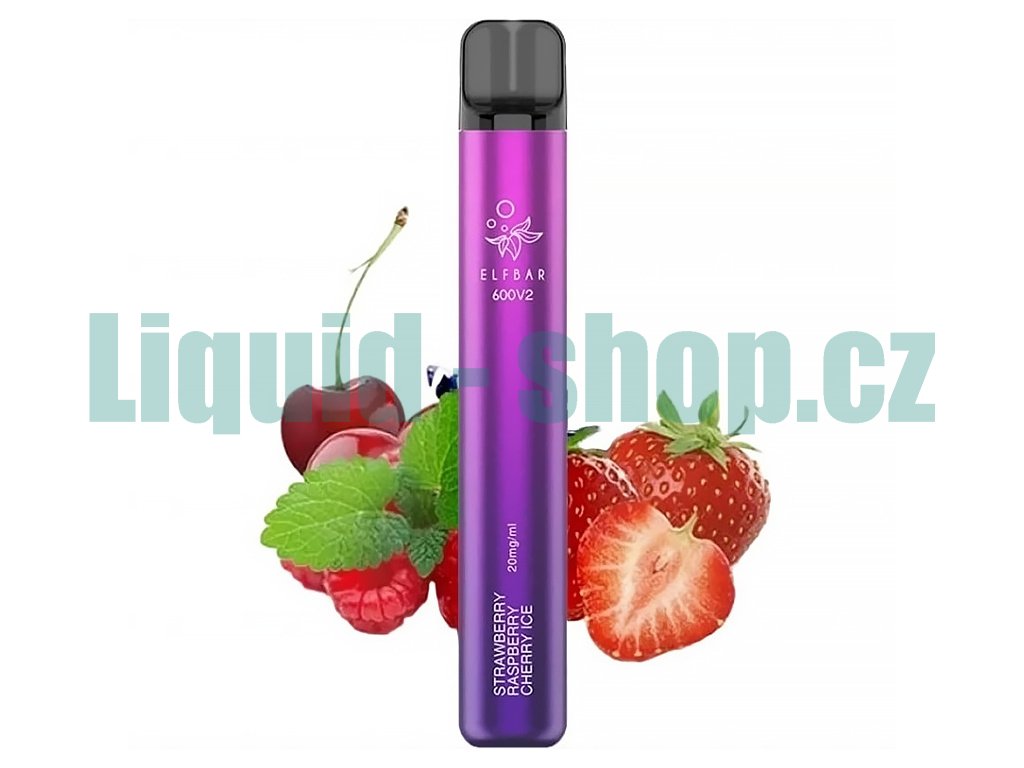 Elf Bar 600 V2 - 20mg - Strawberry Raspberry Cherry ICE (Jahoda, malina, třešeň), produktový obrázek.