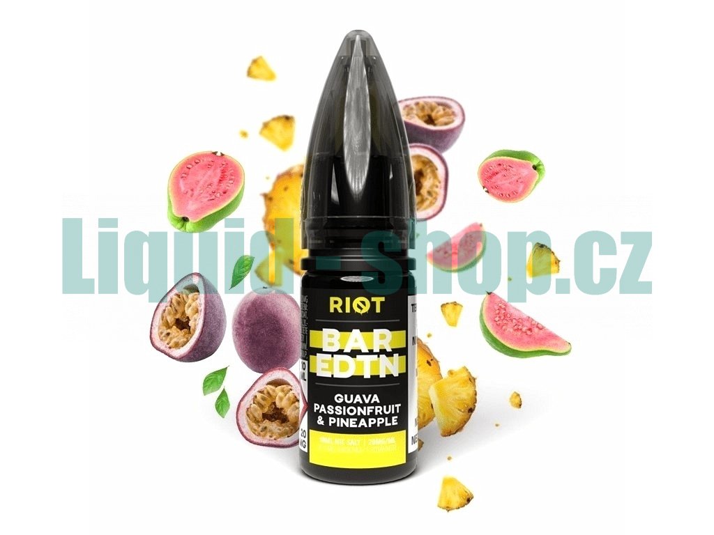 Riot BAR EDTN - Salt e-liquid - Guava Passionfruit Pineapple - 10ml - 20mg, produktový obrázek.