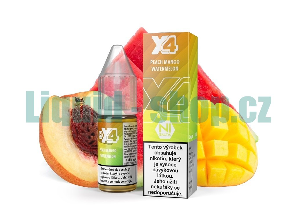 X4 Bar Juice Salt - E-liquid - Peach Mango Watermelon (Broskev, mango a meloun) - 10mg, produktový obrázek.