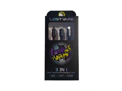 Lost Vape univerzální nabíjecí kabel 3v1 s USB C Lightning a Micro USB konektory 120cm 20W v balení