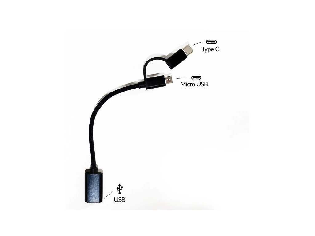 USB kabel 2v1 USB-A (samice) do USB-C + Micro USB - černá