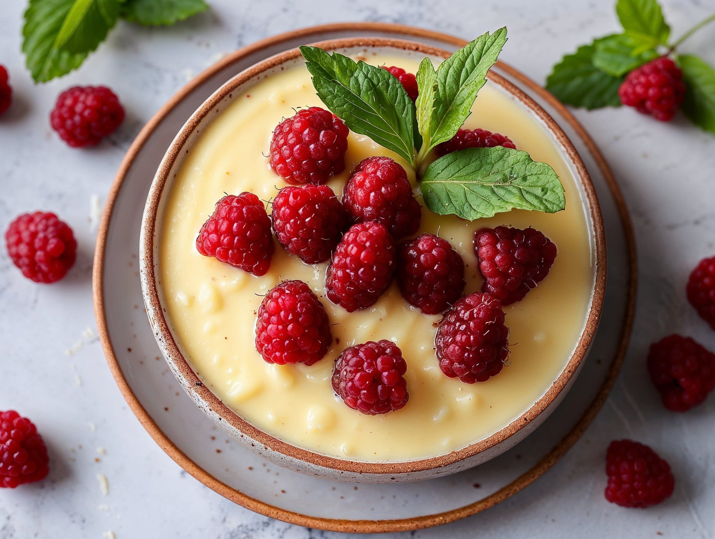 Vanilkový pudink s tvarohem a malinami