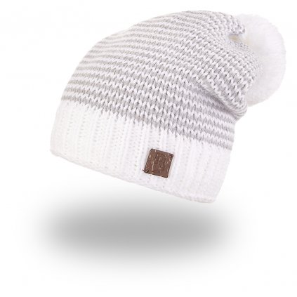 Beanie Strickmütze Zick Zack mit Bommel Outlast® - weissgrau