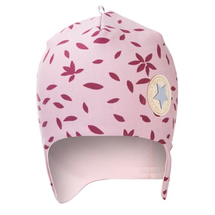 Kindermütze Beanie mit Ohrenschutz BIO gefüttert Outlast® - Bordeaux Blätter/Hellpuderrosa