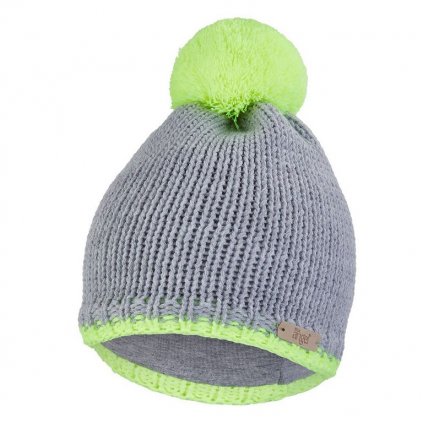 Mütze gestrickt neon Outlast® - hellgrau/gelber Pompon (Größe 3 | 42-44 cm)