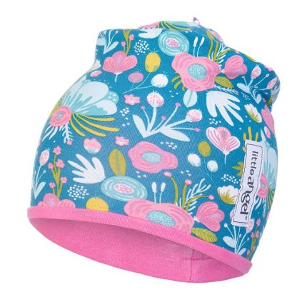 Mütze gefüttert BIO Outlast® - türkis Blumen/dunkelrosa (Größe 1 | 36-38 cm)