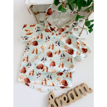 Tričko mentolové s kapucí "Pejsky"