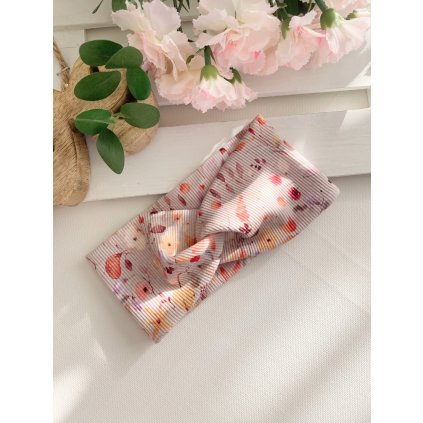 Čelenka z žebrovaného úpletu "květy na béžové