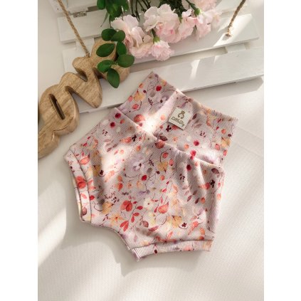 Žebrované kraťasy s vysokým pasem "Květy na béžové"
