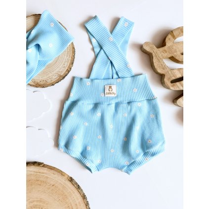 Žebrované nebeské kraťasy s traky "Malé kopretinky "