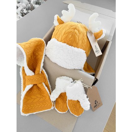 Ušanka s beránkem hořčicová "Jelen"