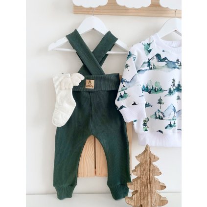 Žebrované tmavě zelené legíny s traky