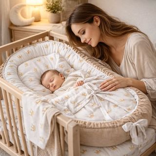 Vytvorte bábätku bezpečný a komfortný priestor pre pokojný spánok. Výbavička Zlaté korunky je skombinovaná s béžovým...