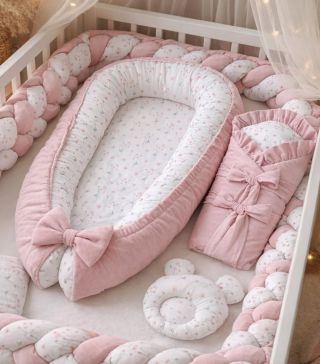 Jemná ružová v kombinácii s kvietkami vytvorili štýlový set pre dievčatko. Bezpečná a ručne vyrobená výbavička pre bábätko...