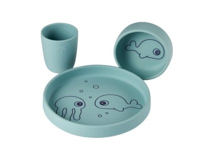 Silikónový jedálenský set Sea friends, modrý | Done by Deer