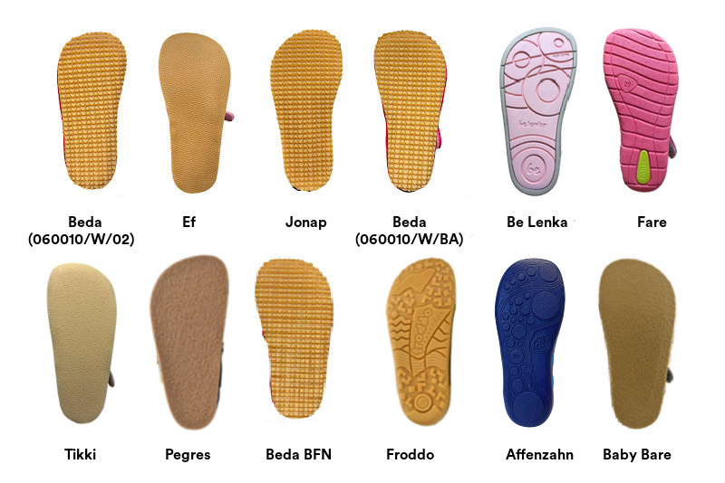 Porovnání tvaru podrážek dětských barefoot bačkor - Little Shoes
