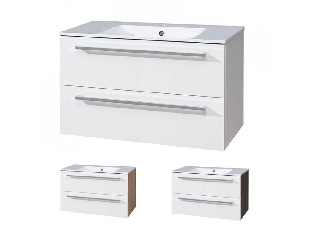 Bino, koupelnová skříňka s keramickým umyvadlem 101 cm, bílá, dub Bino, koupelnová skříňka s keramickým umyvadlem 101 cm, bílá