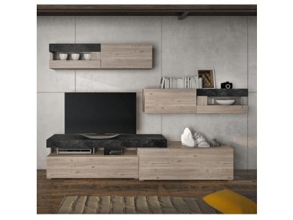 Obývací stěna s LED osvětlením, beton/dub nelson, IOVA