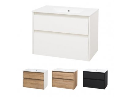 Opto, koupelnová skříňka s keramickým umyvadlem 81 cm, bílá, dub, bílá/dub, černá Opto, koupelnová skříňka s keramickým umyvadlem 81 cm, bílá