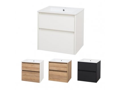 Opto, koupelnová skříňka s keramickým umyvadlem 61 cm, bílá, dub, bílá/dub, černá Opto, koupelnová skříňka s keramickým umyvadlem 61 cm, bílá