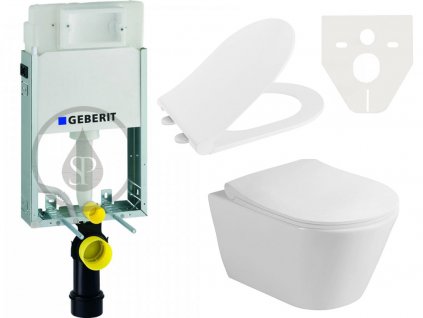 Geberit - KombifixBasic pro závěsné WC se splachovací nádržkou pod omítku Delta 12 cm, výška 1,08 m + AVVA závěsná WC mísa Rimless, 35,5x53 cm, bílá + AVVA WC Slim sedátko s pomalým zavíráním, bílá/chrom