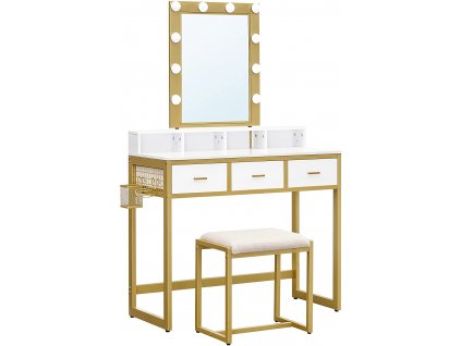 Toaletní stolek - zlatá/bílá - 90x40x145,5 cm