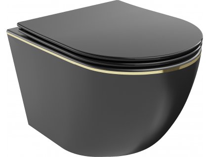MEXEN - Lena WC mísa Rimless sedátko se zpomalovacím mechanismem Slim, duroplast, černá matná/zlatá linie - 30224075