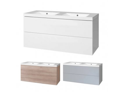 Aira, koupelnová skříňka s umyvadlem z litého mramoru 121 cm, bílá, dub, šedá Aira, koupelnová skříňka s umyvadlem z litého mramoru 121 cm, bílá