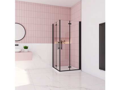 Sprchový kout MELODY BLACK R100, 100x100 cm se zalamovacími dveřmi včetně sprchové vaničky z litého mramoru