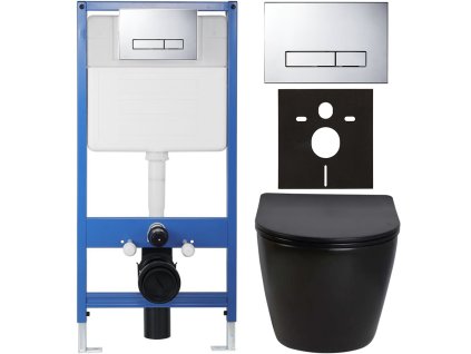 CERANO - Kompletní podomítkový WC set Lite/Verde - černá lesklá - WC tlačítko Slim, chrom - předstěnová instalace/sádrokarton - 49x36 cm