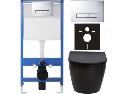 CERANO - Kompletní podomítkový WC set Lite/Verde - černá matná - WC tlačítko Slim, chrom - předstěnová instalace/sádrokarton - 49x36 cm