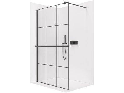 CERANO - Sprchová zástěna Walk-in Onyx Round L/P - 8 mm + polička/držák na ručníky - kulatá vzpěra  - černá matná, industriální sklo - 120x200 cm